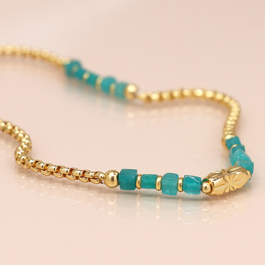 Golden Chain and Aqua Bead Station Necklace
