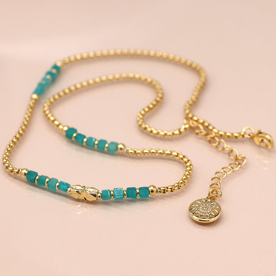 Golden Chain and Aqua Bead Station Necklace