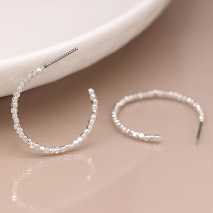 Silver Plated Medium Size Cube Bead Hoop Earrings
