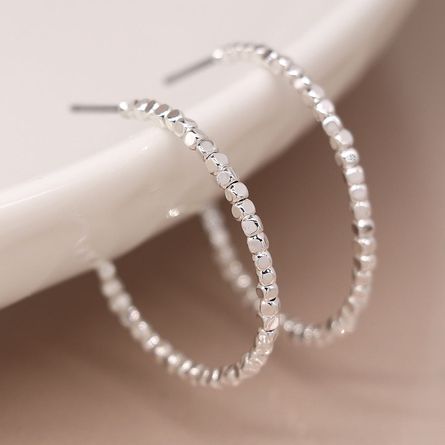Silver Plated Medium Size Cube Bead Hoop Earrings