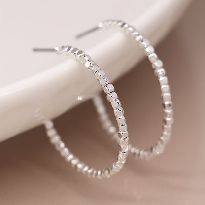 Silver Plated Medium Size Cube Bead Hoop Earrings