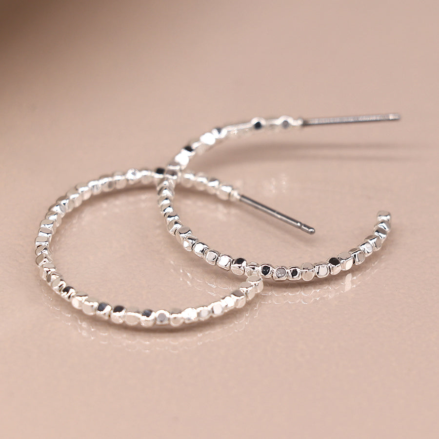 Silver Plated Medium Size Cube Bead Hoop Earrings