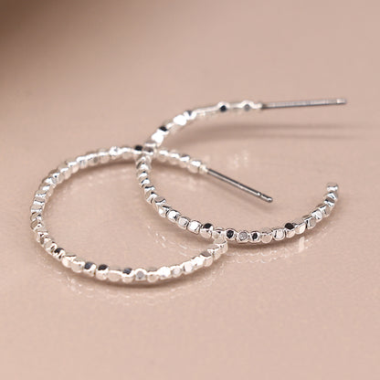 Silver Plated Medium Size Cube Bead Hoop Earrings