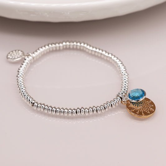 Silver Plated Bead Bracelet with Golden Disc and Aqua Crystal