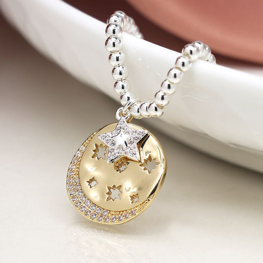 Faux Gold Cut-Out Stars Crystal Disc and Silver Plated Star Bracelet