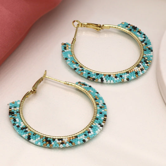 Aqua White and Gold Bead Hoop Earrings