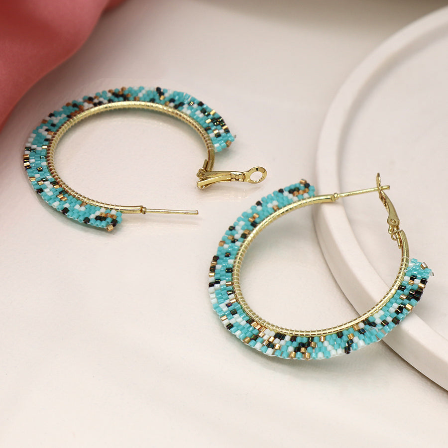 Aqua White and Gold Bead Hoop Earrings