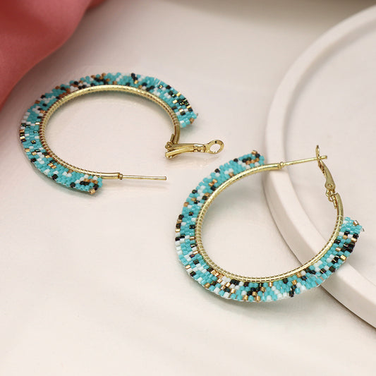 Aqua White and Gold Bead Hoop Earrings