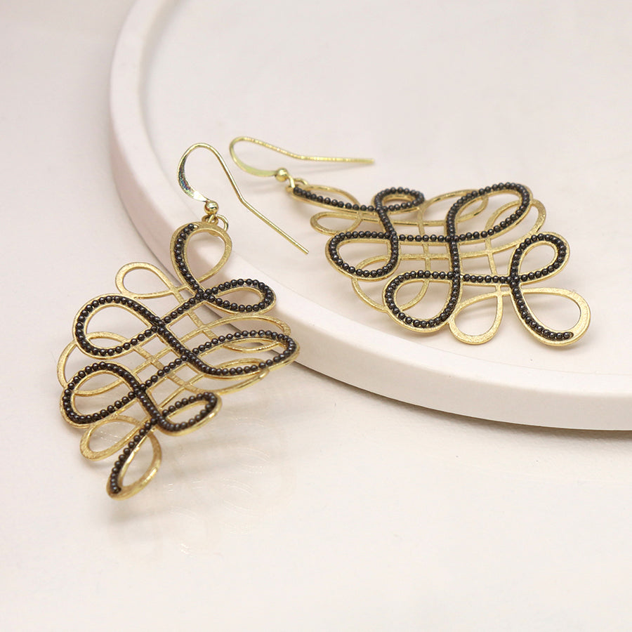 Golden and Black Bead Curved Calligraphy Style Earrings