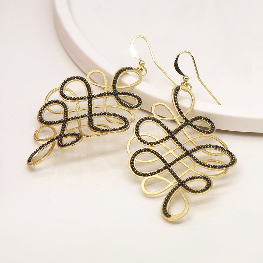Golden and Black Bead Curved Calligraphy Style Earrings