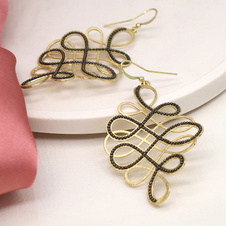 Golden and Black Bead Curved Calligraphy Style Earrings