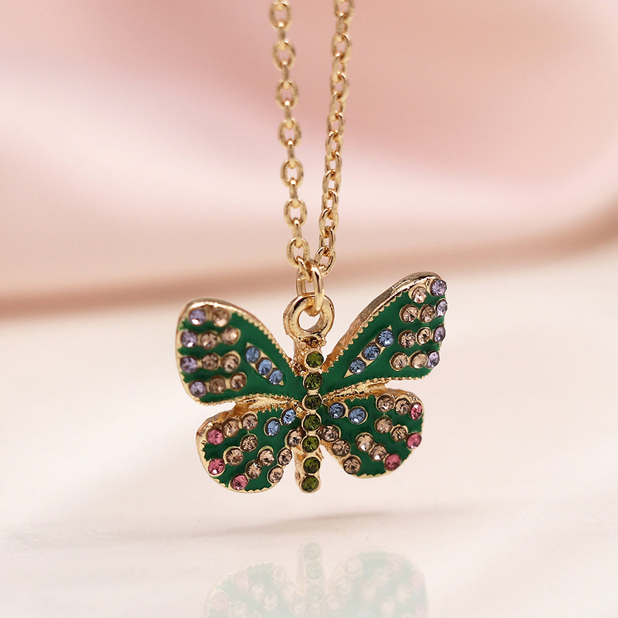 Faux Gold Plated Green Enamel and Crystal Butterfly Necklace