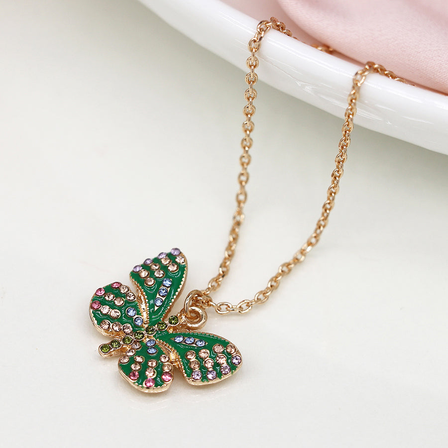 Faux Gold Plated Green Enamel and Crystal Butterfly Necklace