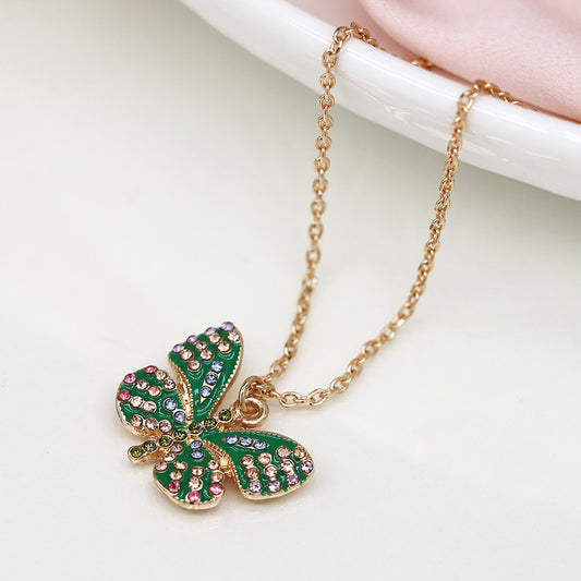 Faux Gold Plated Green Enamel and Crystal Butterfly Necklace