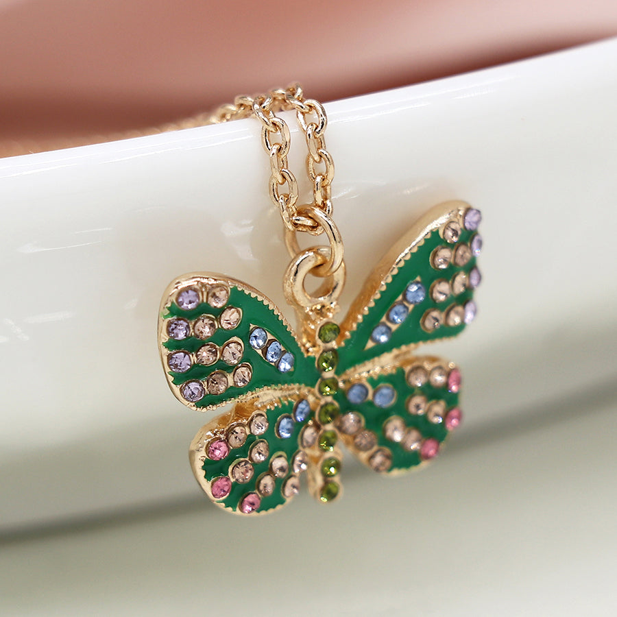 Faux Gold Plated Green Enamel and Crystal Butterfly Necklace