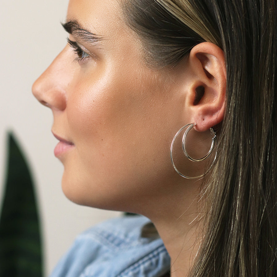 Silver Plated Double Circle Hoop Earrings