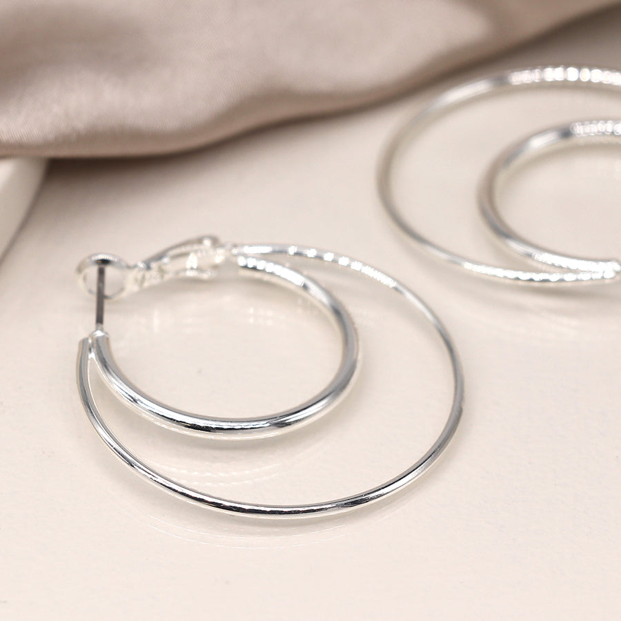 Silver Plated Double Circle Hoop Earrings