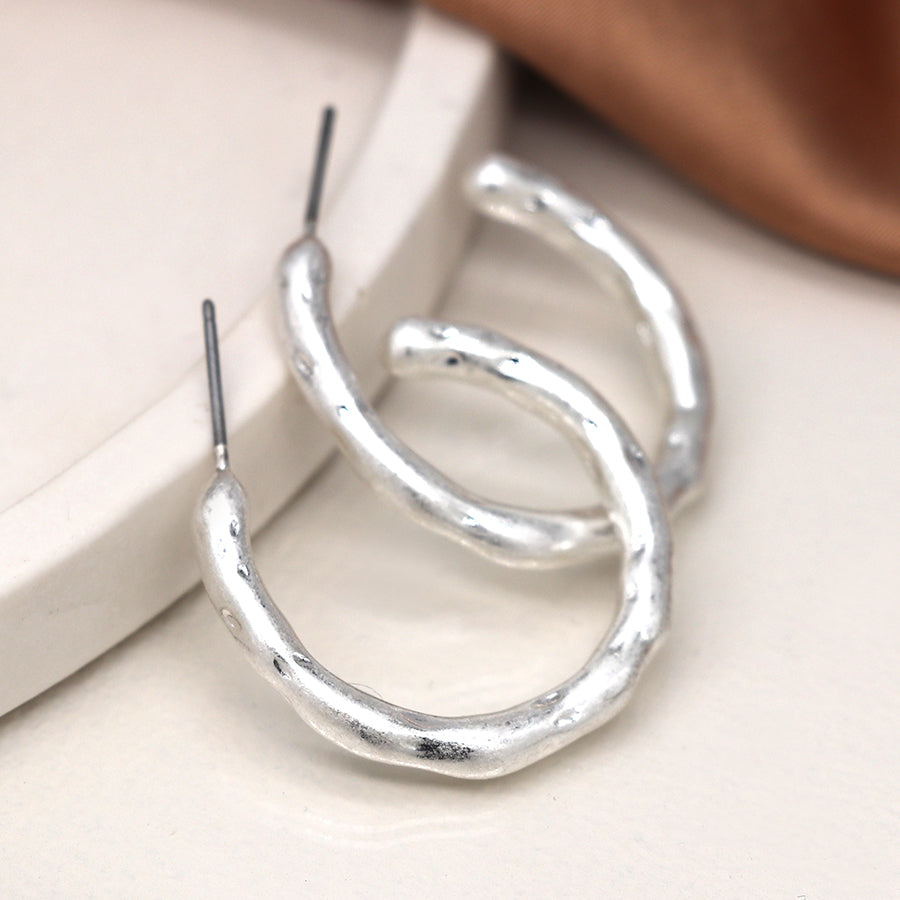 Silver Plated Worn Textured C-Hoop Stud Earrings