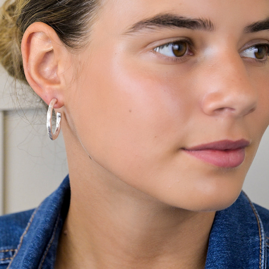 Silver Plated Worn Textured C-Hoop Stud Earrings