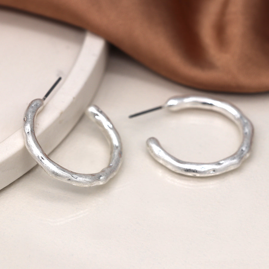 Silver Plated Worn Textured C-Hoop Stud Earrings