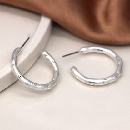Silver Plated Worn Textured C-Hoop Stud Earrings