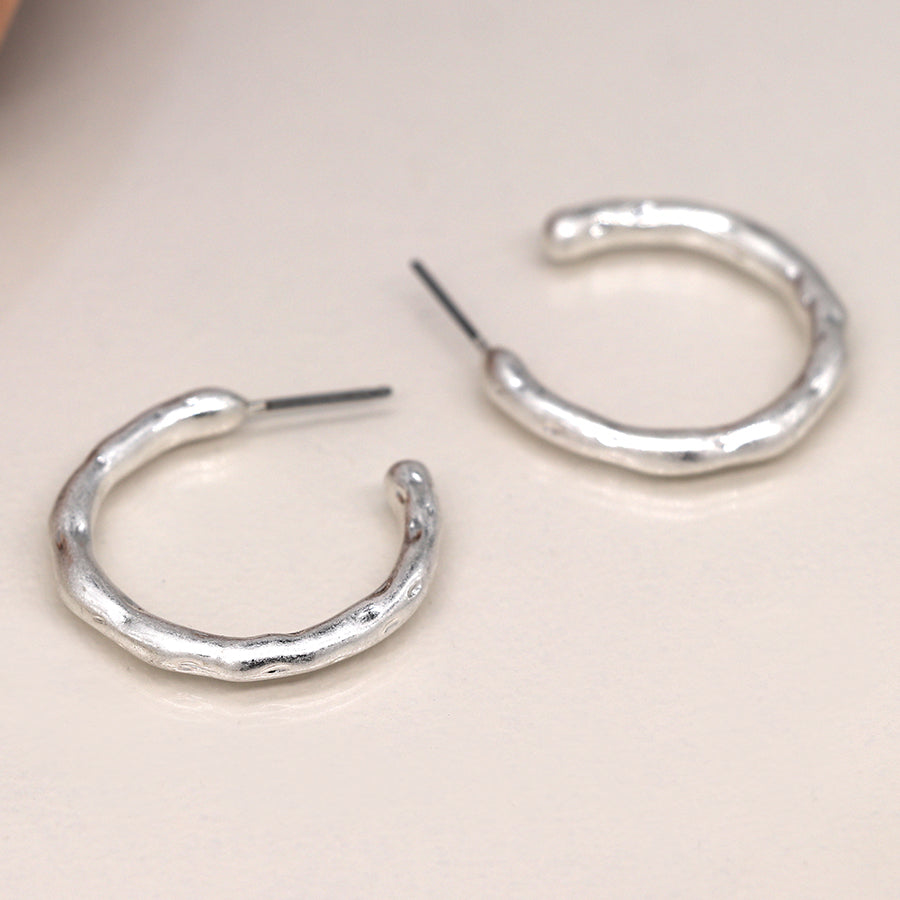 Silver Plated Worn Textured C-Hoop Stud Earrings