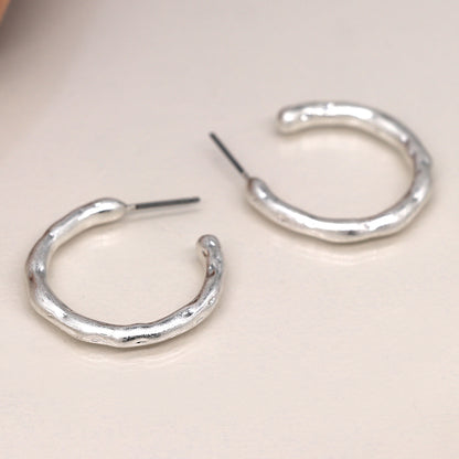 Silver Plated Worn Textured C-Hoop Stud Earrings