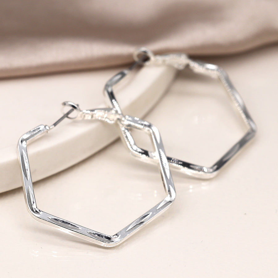 Silver Plated Hexagon Hoop Earrings