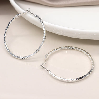 Silver Plated Large Faceted Rope Twist Hoops
