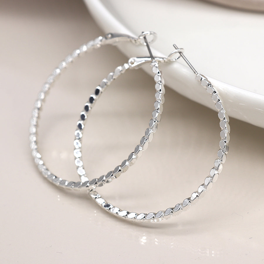 Silver Plated Large Faceted Rope Twist Hoops