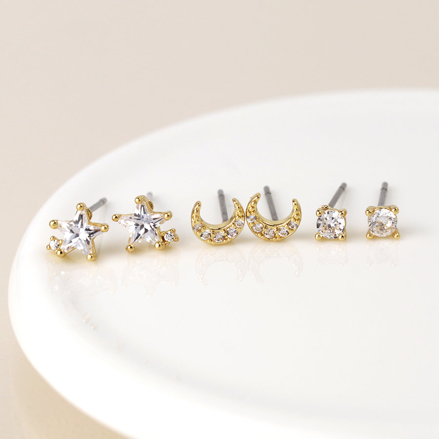 Golden Triple Star, Moon and Crystal Stud Earring Set