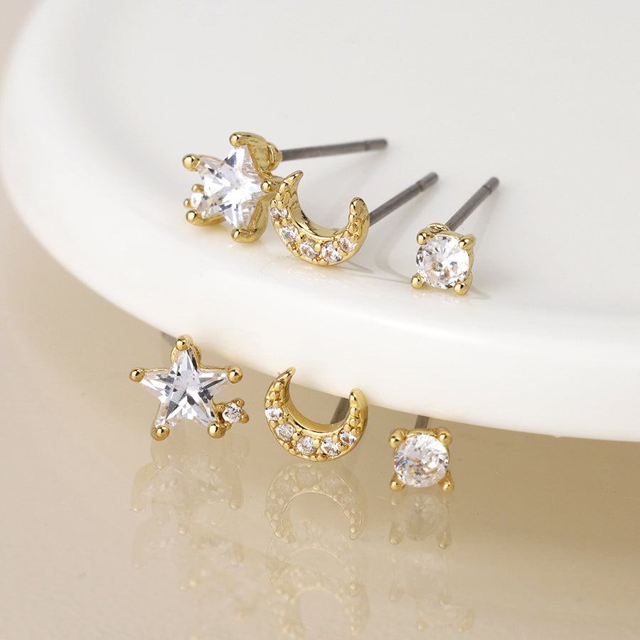 Golden Triple Star, Moon and Crystal Stud Earring Set