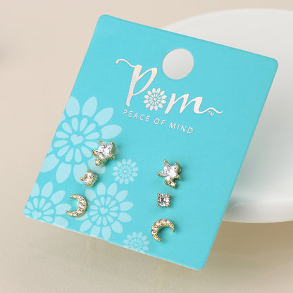 Golden Triple Star, Moon and Crystal Stud Earring Set