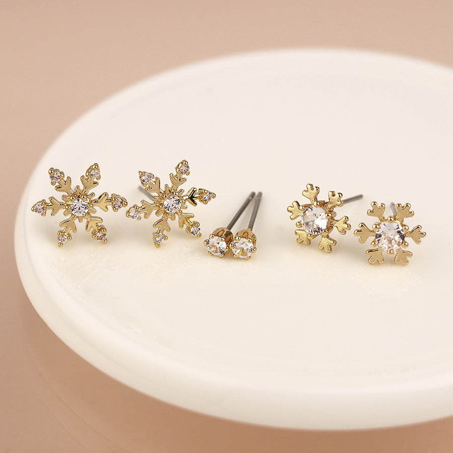 Golden Triple Snowflake Earring Set
