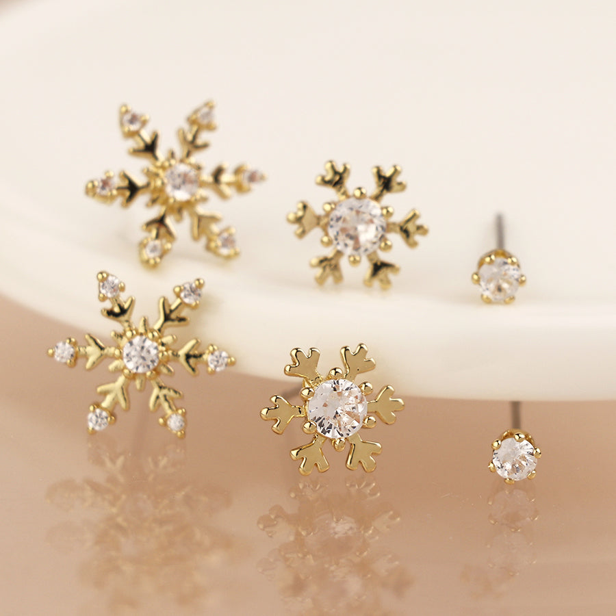 Golden Triple Snowflake Earring Set