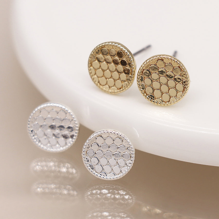 Silver Plated and Golden Textured Disc Stud Earrings