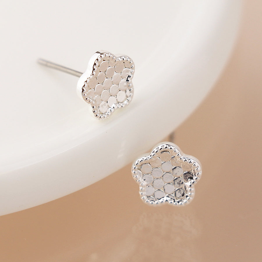 Silver Plated and Golden Textured Flower Stud Earrings