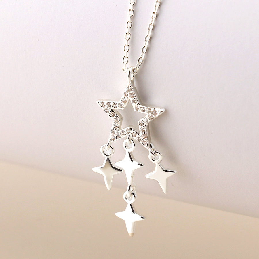Silver Plated Crystal Star and Star Drops Necklace