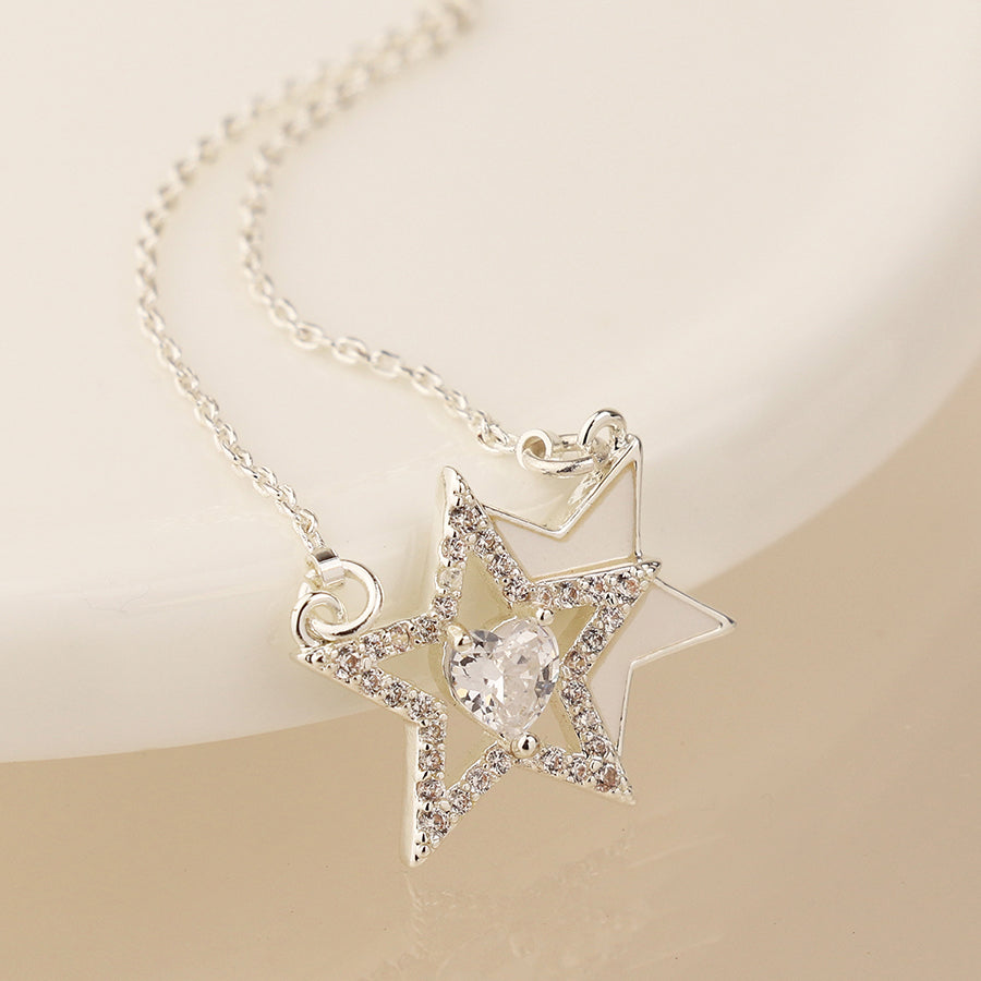 Silver Plated Double Star and Crystal Heart Necklace