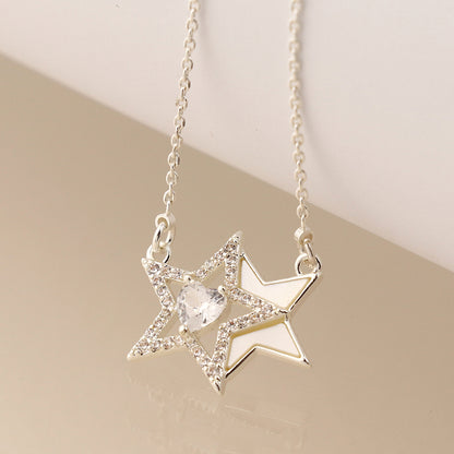 Silver Plated Double Star and Crystal Heart Necklace