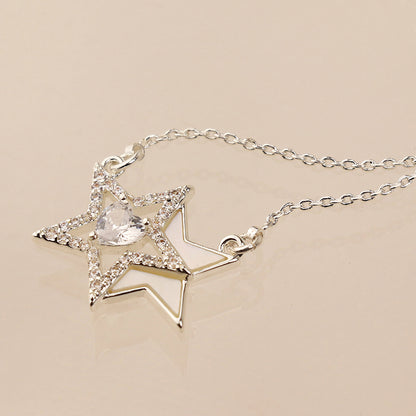 Silver Plated Double Star and Crystal Heart Necklace