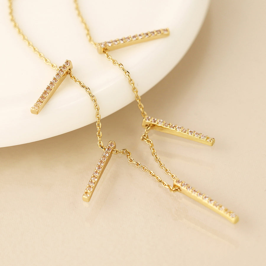 Golden Fine Chain and Crystal Bars Drop Necklace