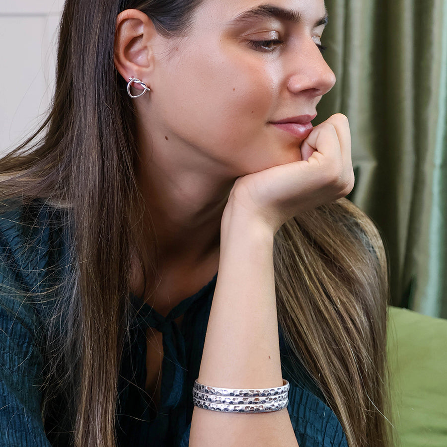 Silver Plated Worn Triple Bangle Set