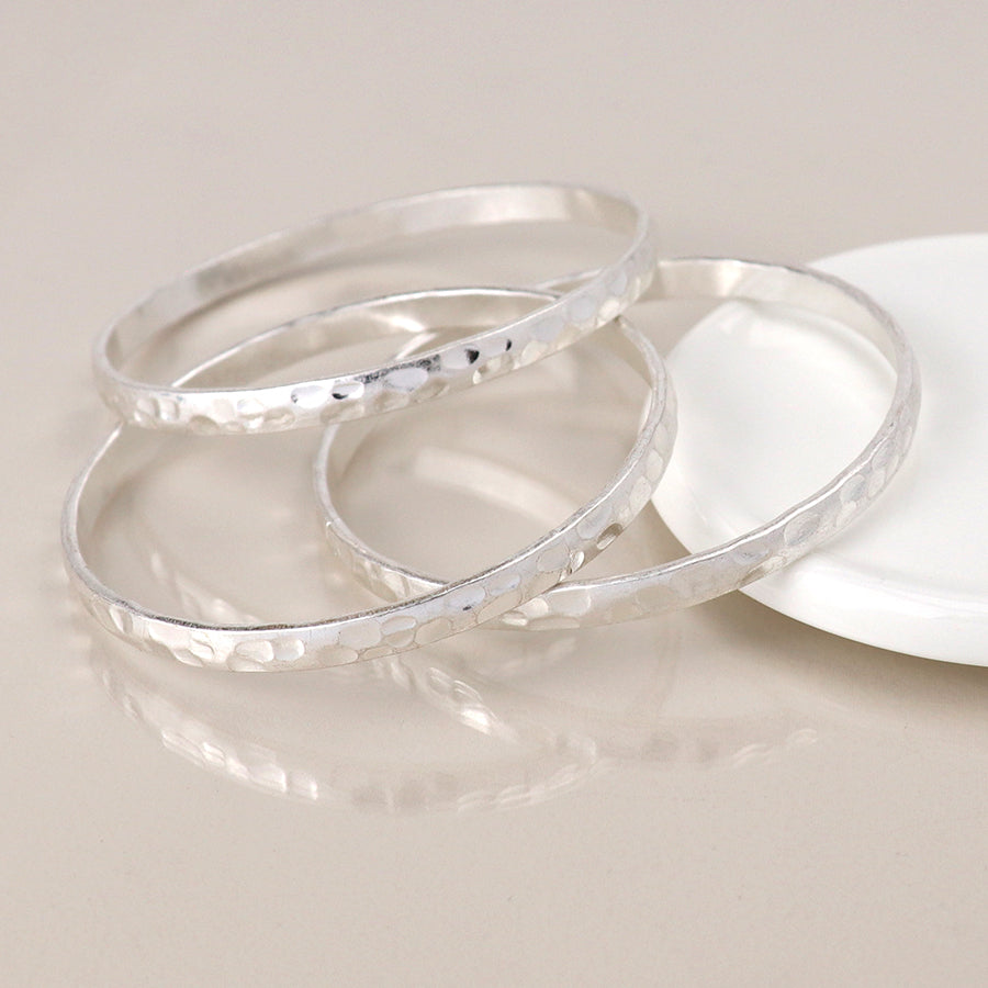 Silver Plated Worn Triple Bangle Set
