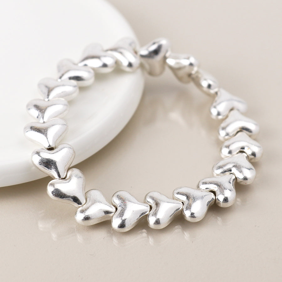 Silver Plated Worn Hearts Stretch Bracelet