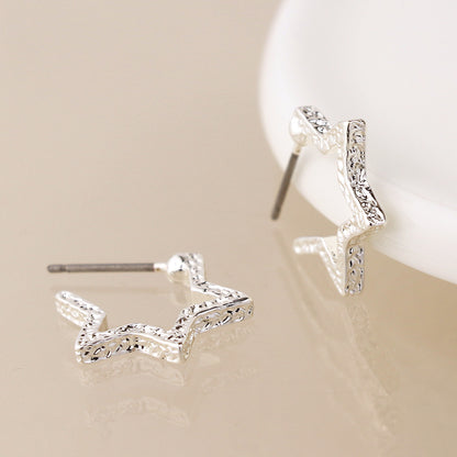 Silver Plated Textured Star Hoop Earrings