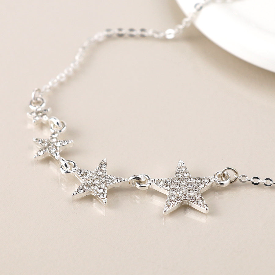 Silver Plated Graduated Crystal Star Necklace