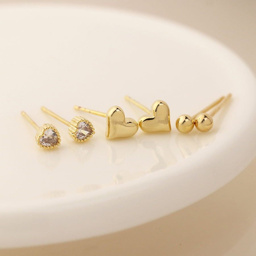 Golden Triple Bead and Hearts Stud Earring Set