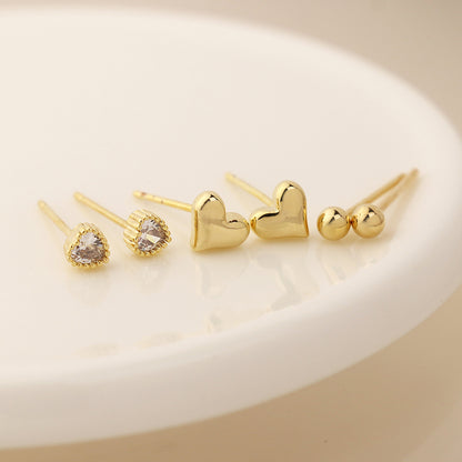 Golden Triple Bead and Hearts Stud Earring Set