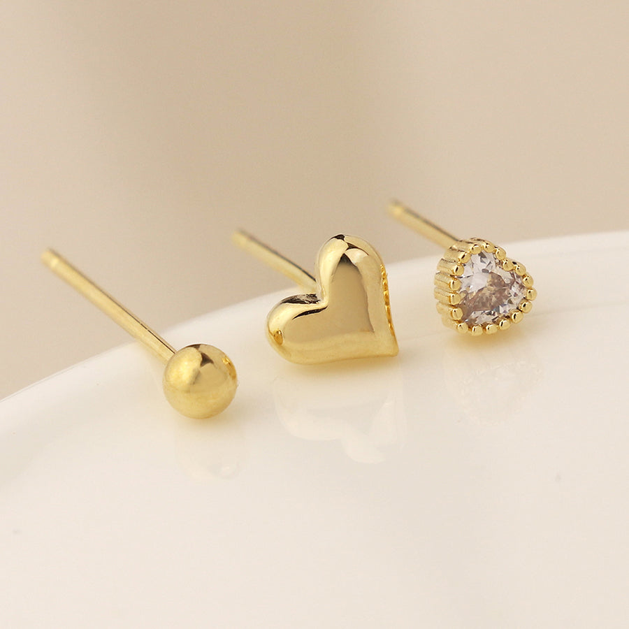 Golden Triple Bead and Hearts Stud Earring Set
